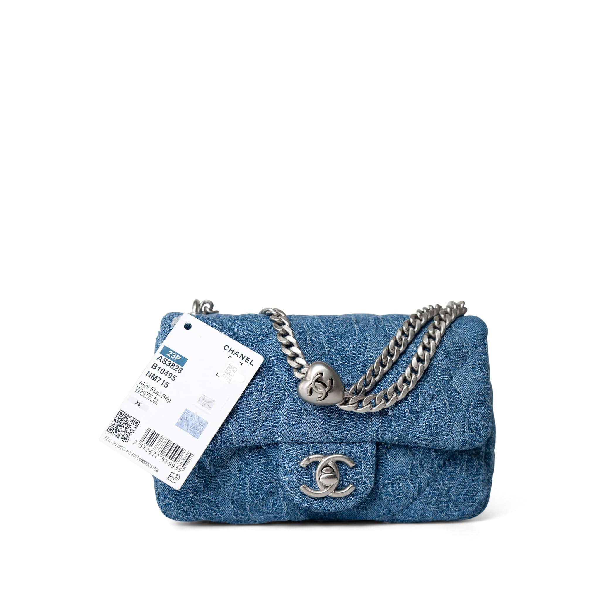 Blue Denim Quilted Camelia Mini Flap Aged Silver Hardware REDELUXE