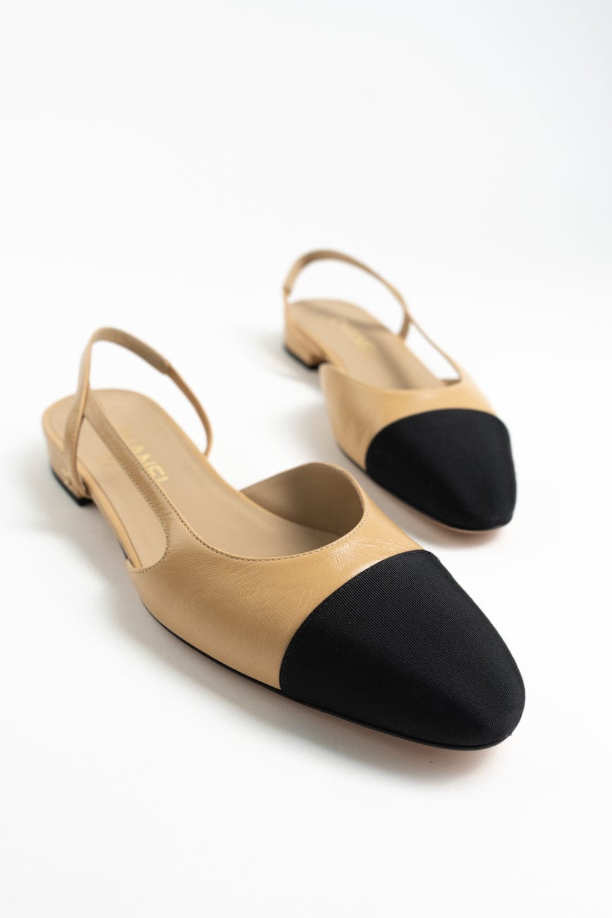 Chanel Black Beige Cap Toe Slingback Flats- Size 38.5