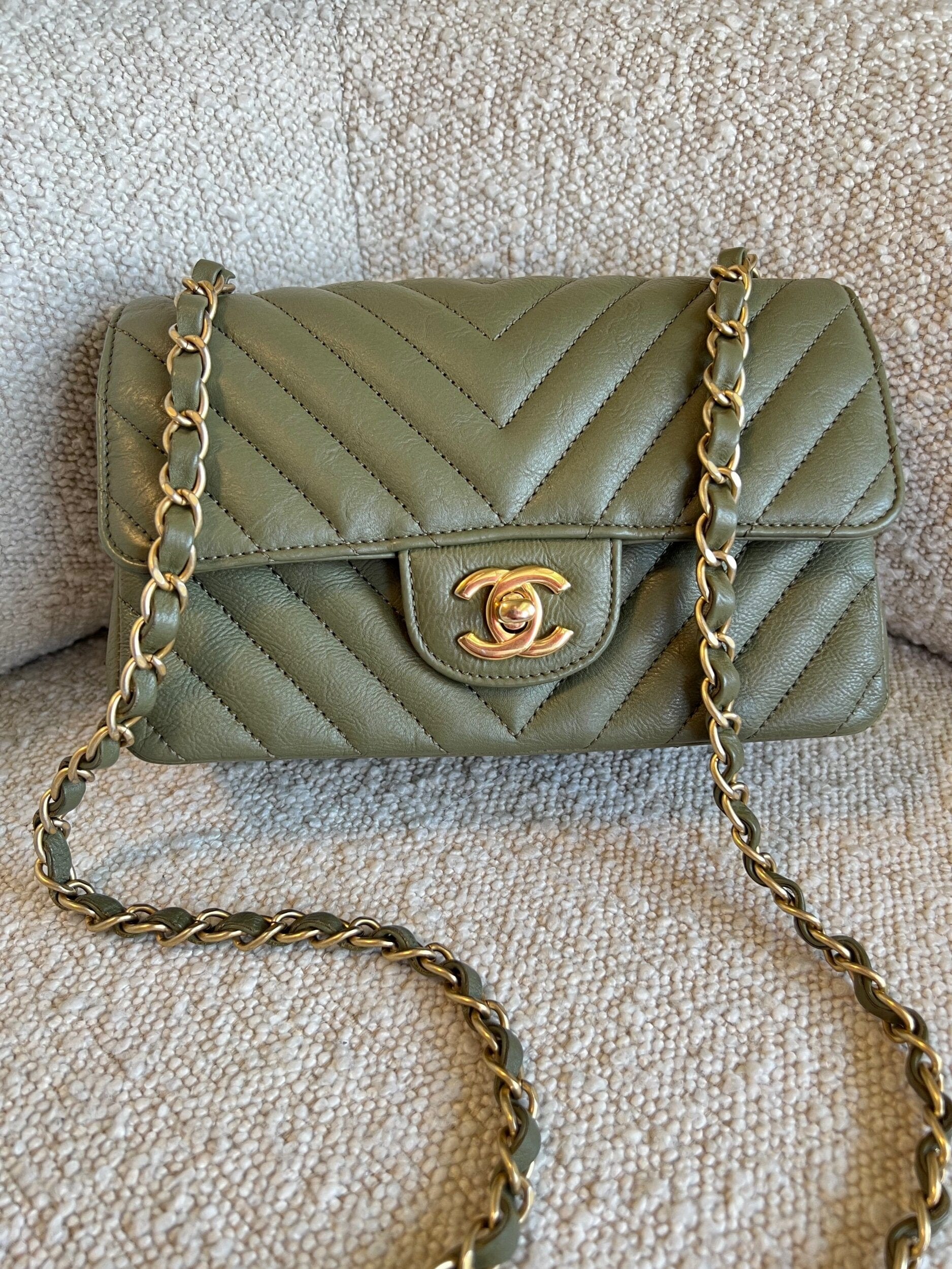 17C Khaki Green Chevron Calfskin Mini Rectangular Flap Brushed GHW