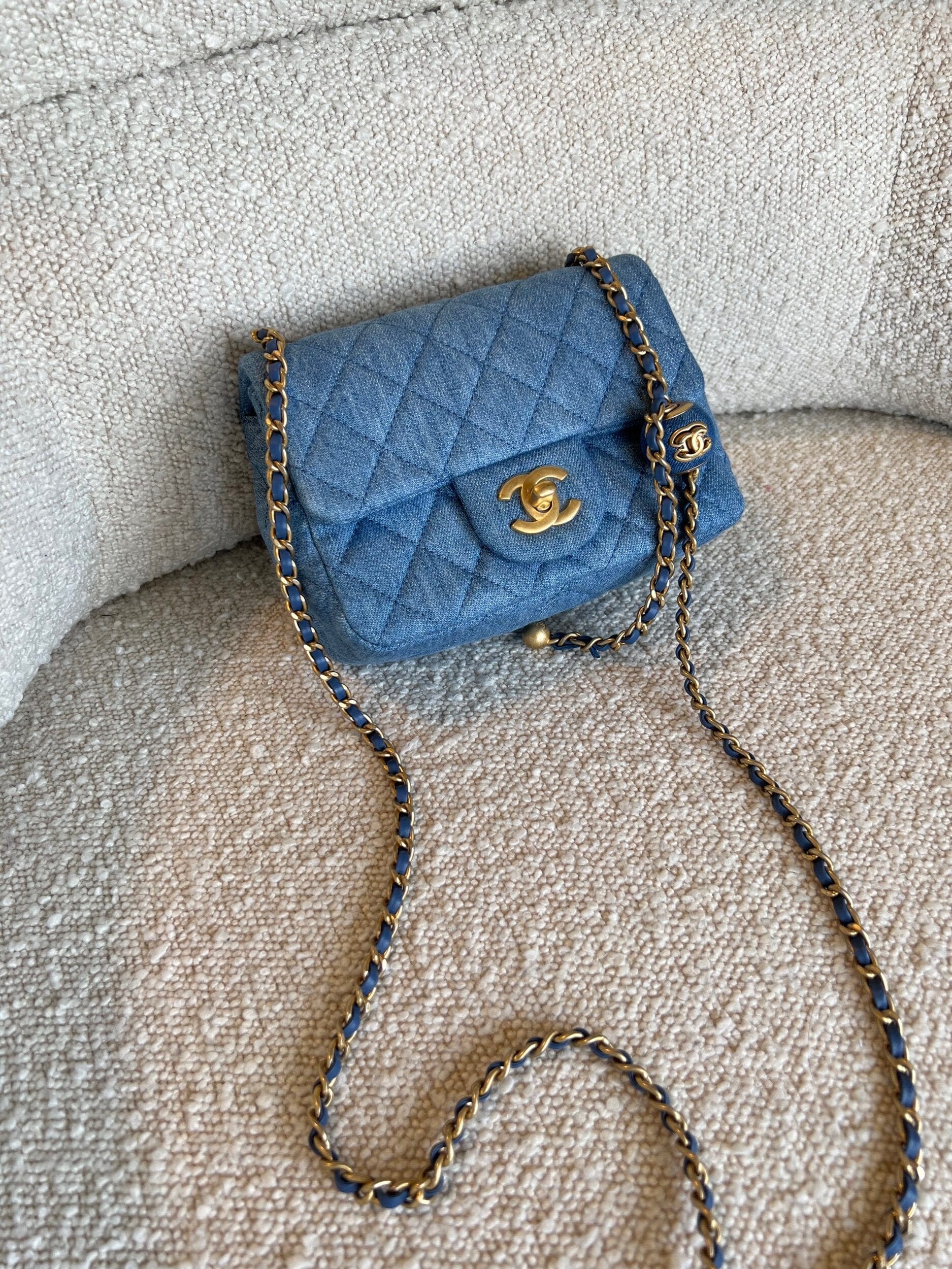 22C Blue Denim Pearl Crush Square Mini Flap AGHW