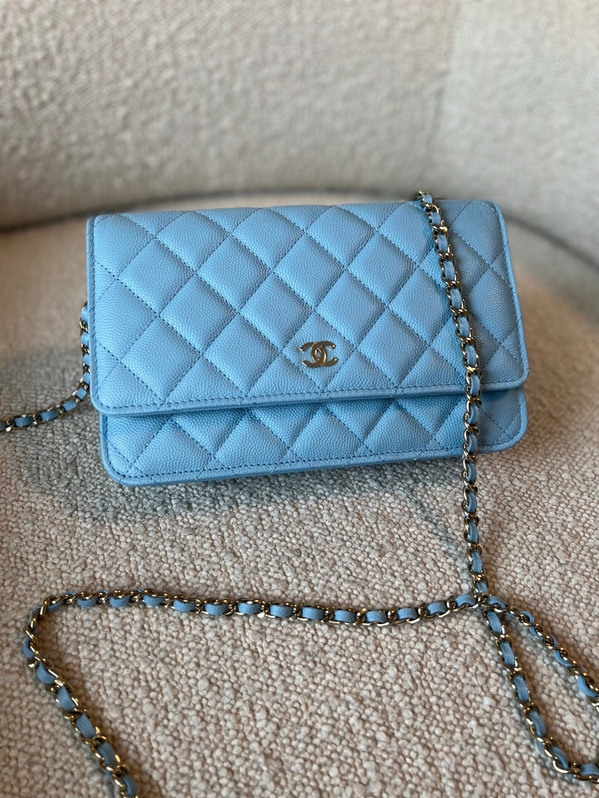 22S Light Blue Caviar Quilted Wallet On Chain WOC REDELUXE