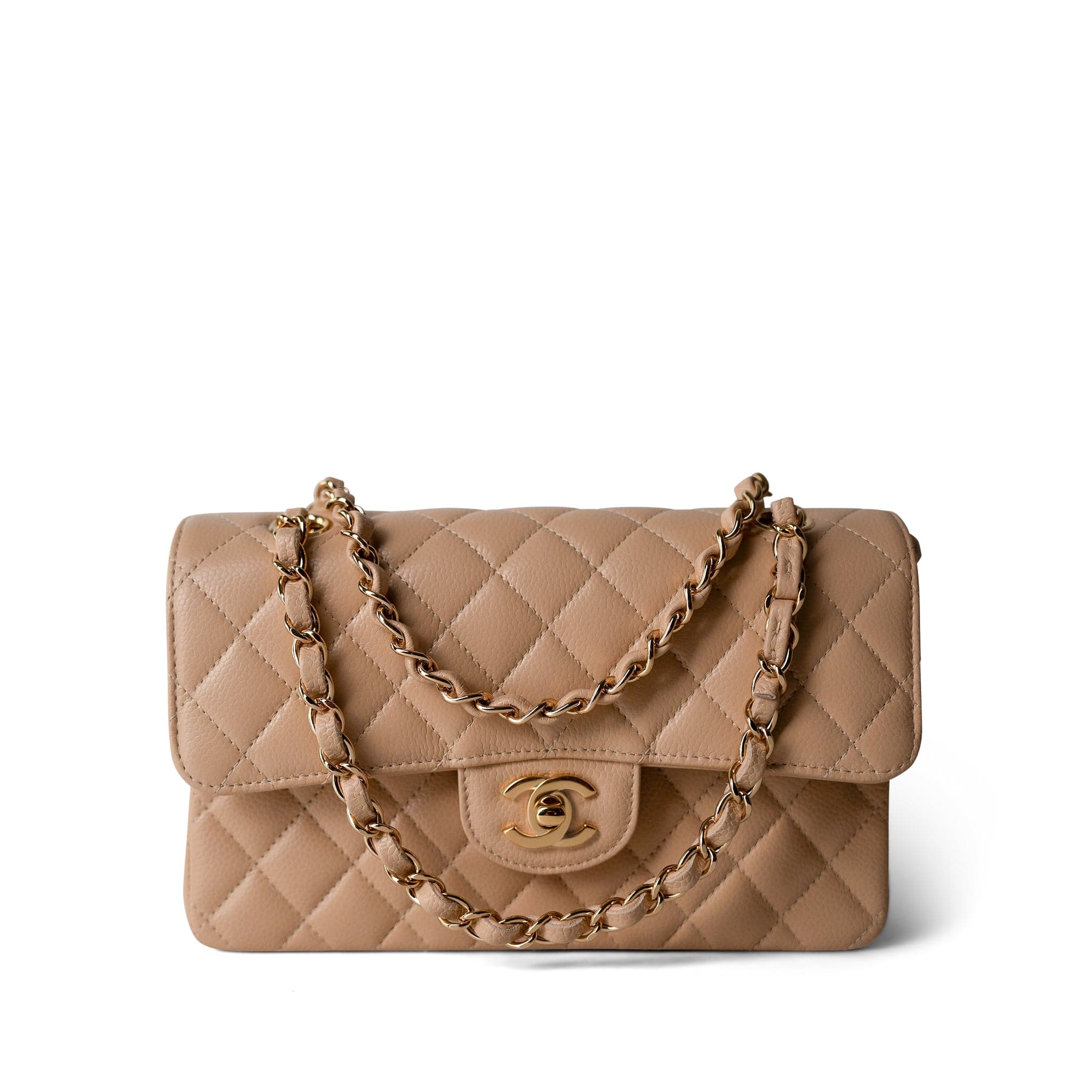 Beige Clair Caviar Quilted Classic Flap Small Gold Hardware