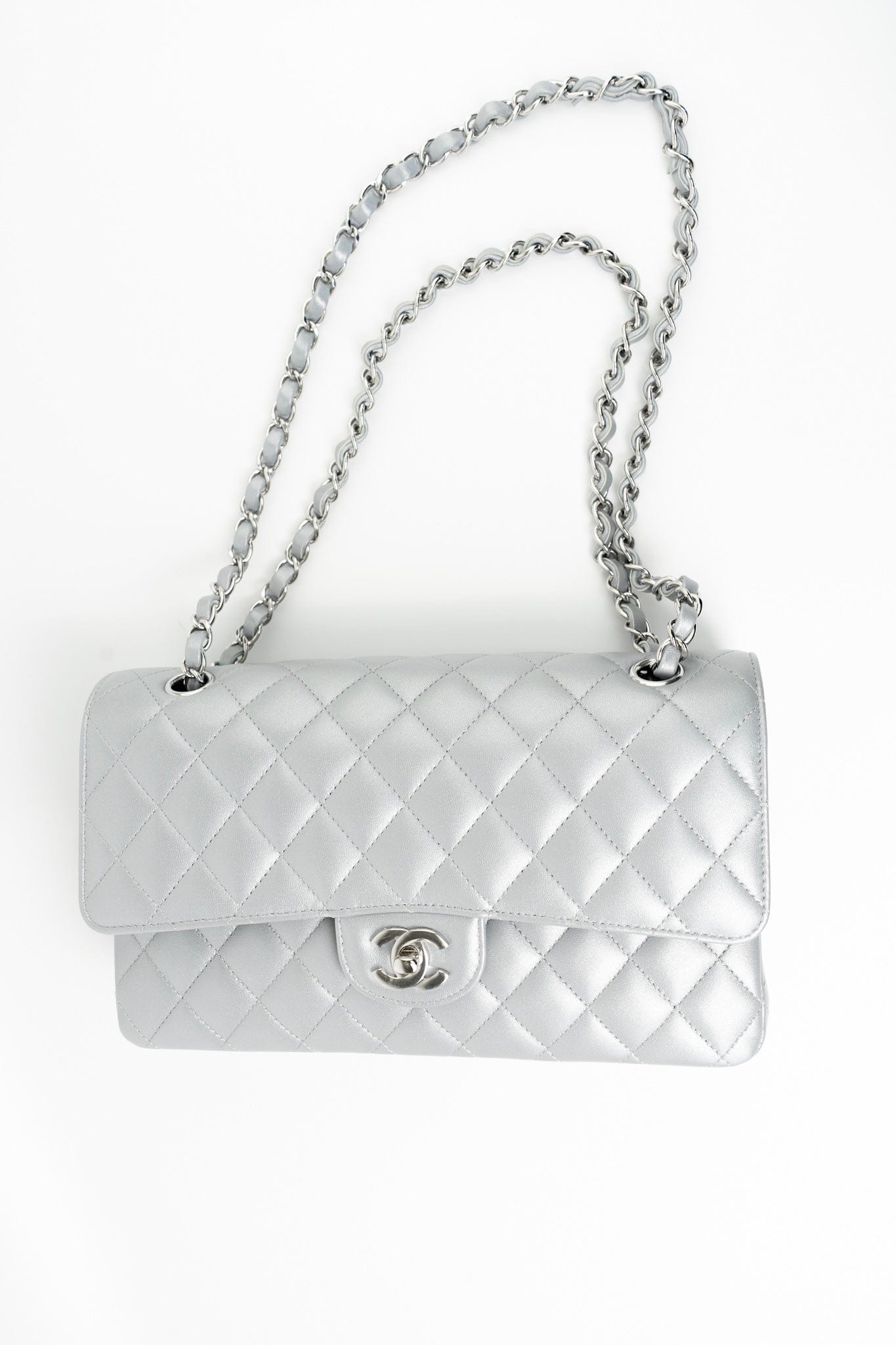 Chanel classic hot sale flap silver