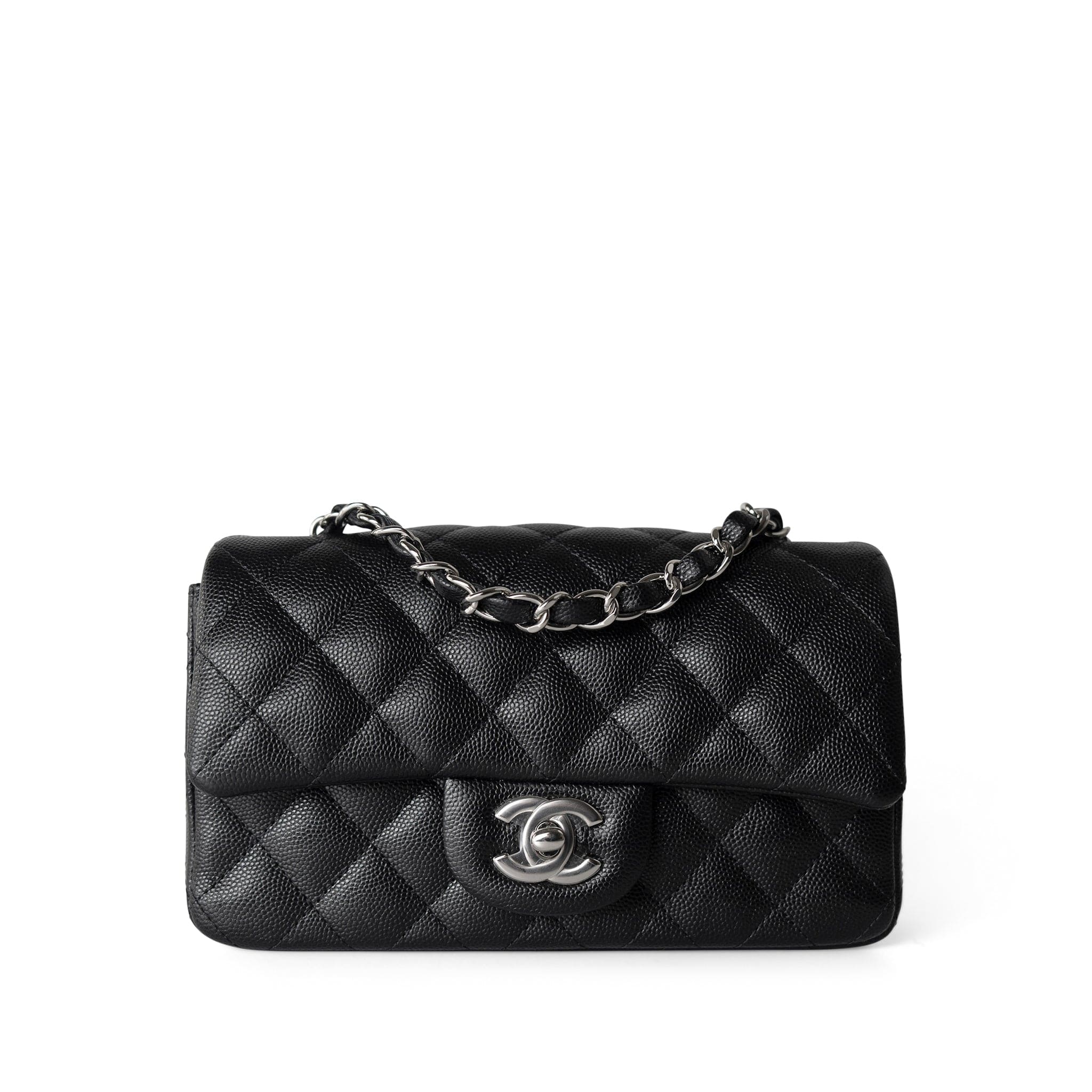 17B Black Caviar Quilted Mini Rectangular Flap Silver Hardware REDELUXE