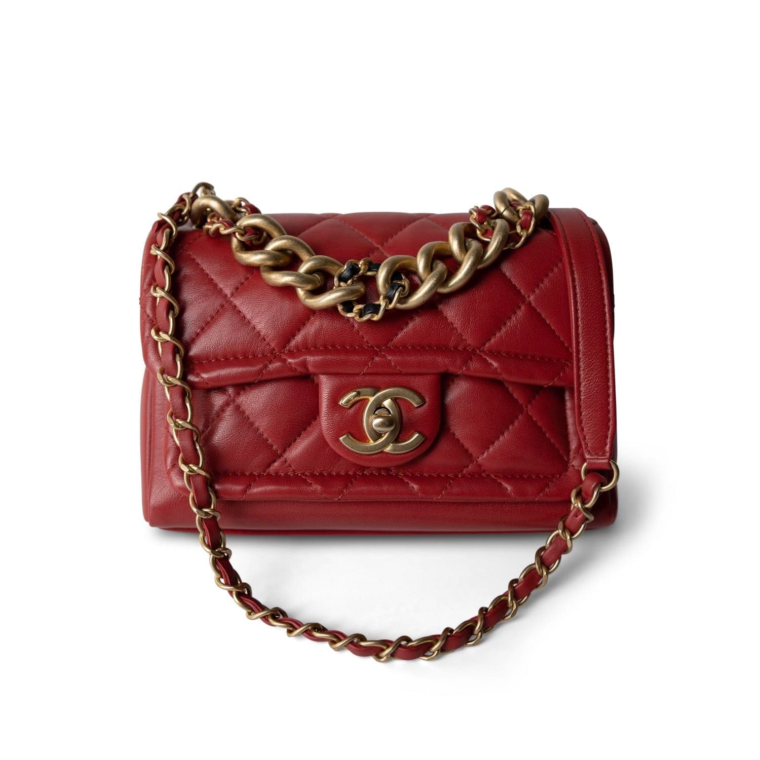 Red Lambskin Quilted Single Flap Chain Leather Link Bag