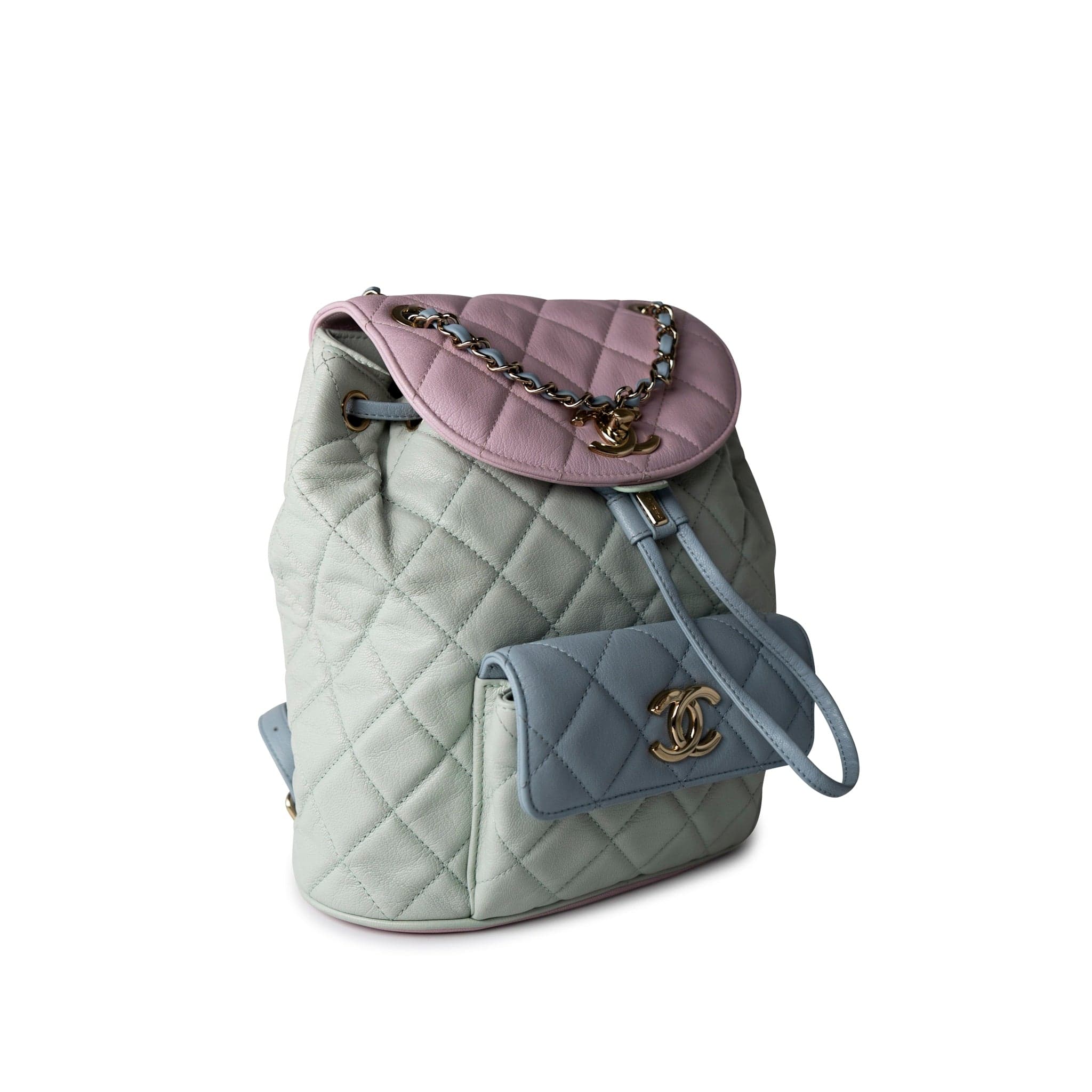 CHANEL Backpack 20C Duma Goatskin Quilted Drawstring Backpack Green Blue Pink - Redeluxe