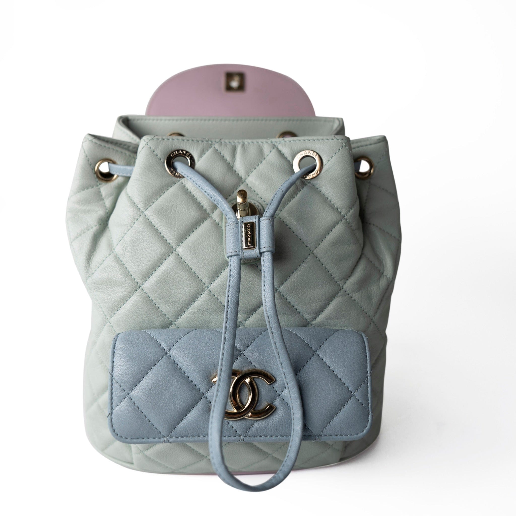 20C Duma Goatskin Quilted Drawstring Backpack Green Blue Pink