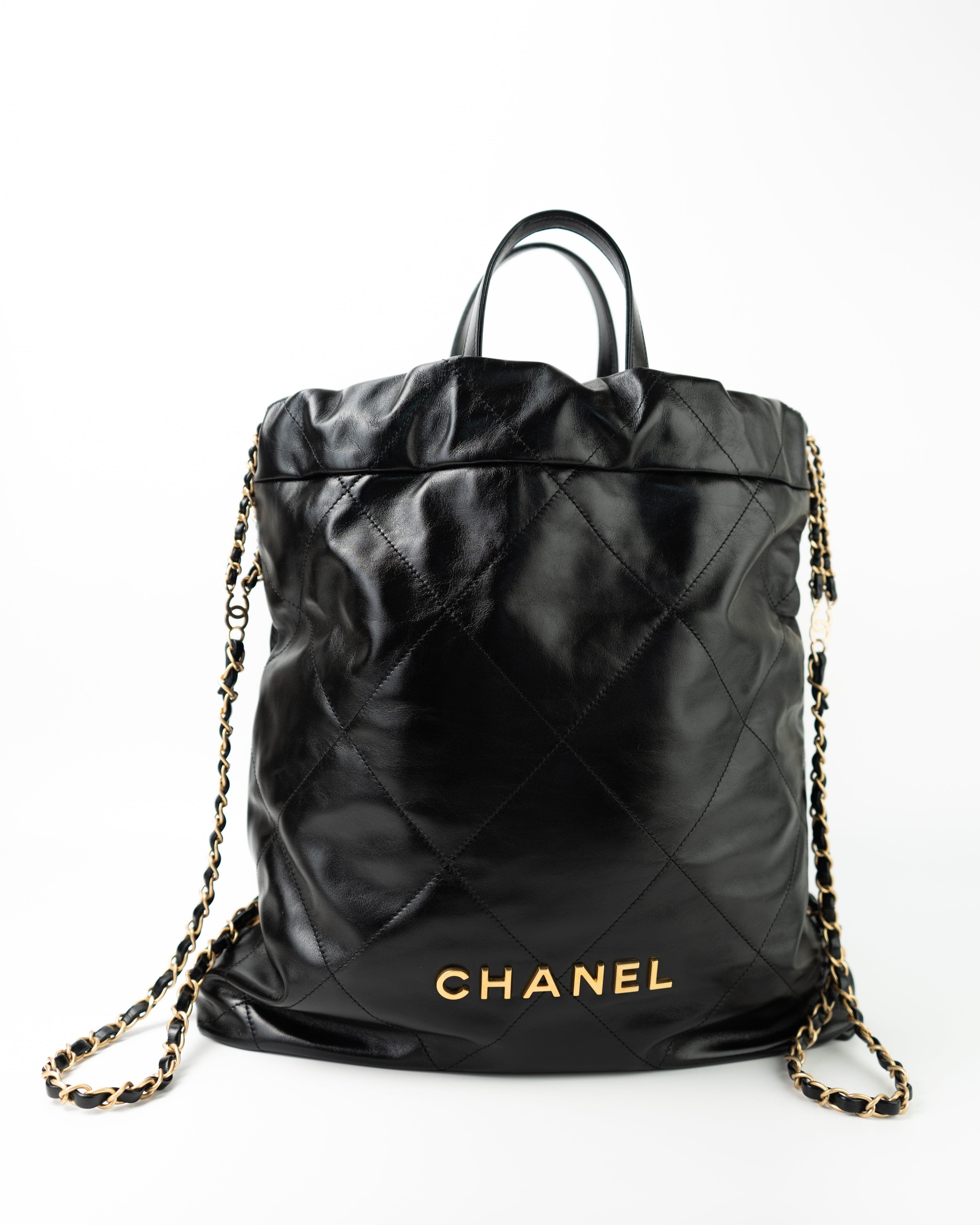 CHANEL Backpack 22S Black Calfskin 22 Backpack Aged Gold Hardware - Redeluxe