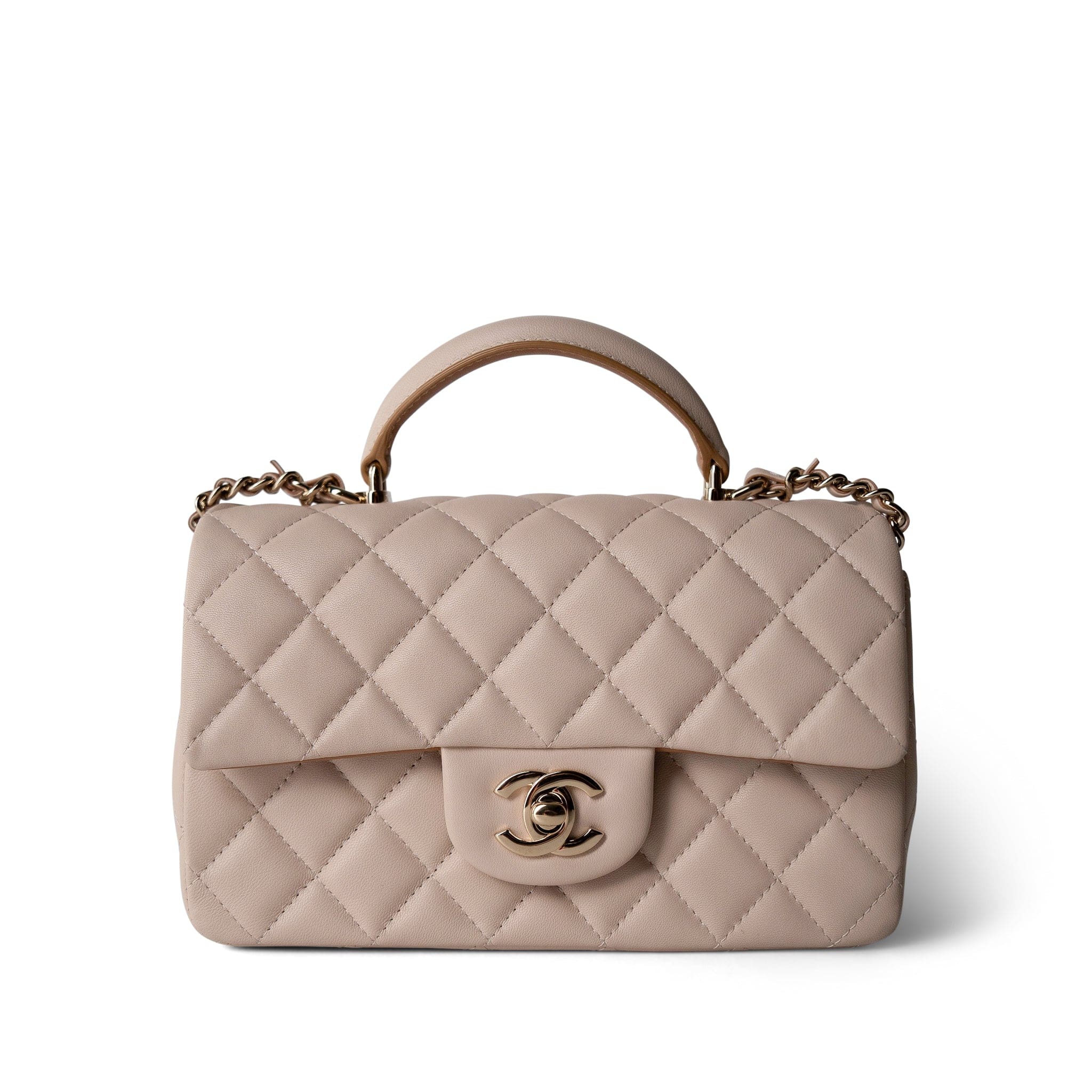 CHANEL Beige 22C Light Beige / Beige Lambskin Quilted Mini Top Handle Light Gold Hardware - Redeluxe