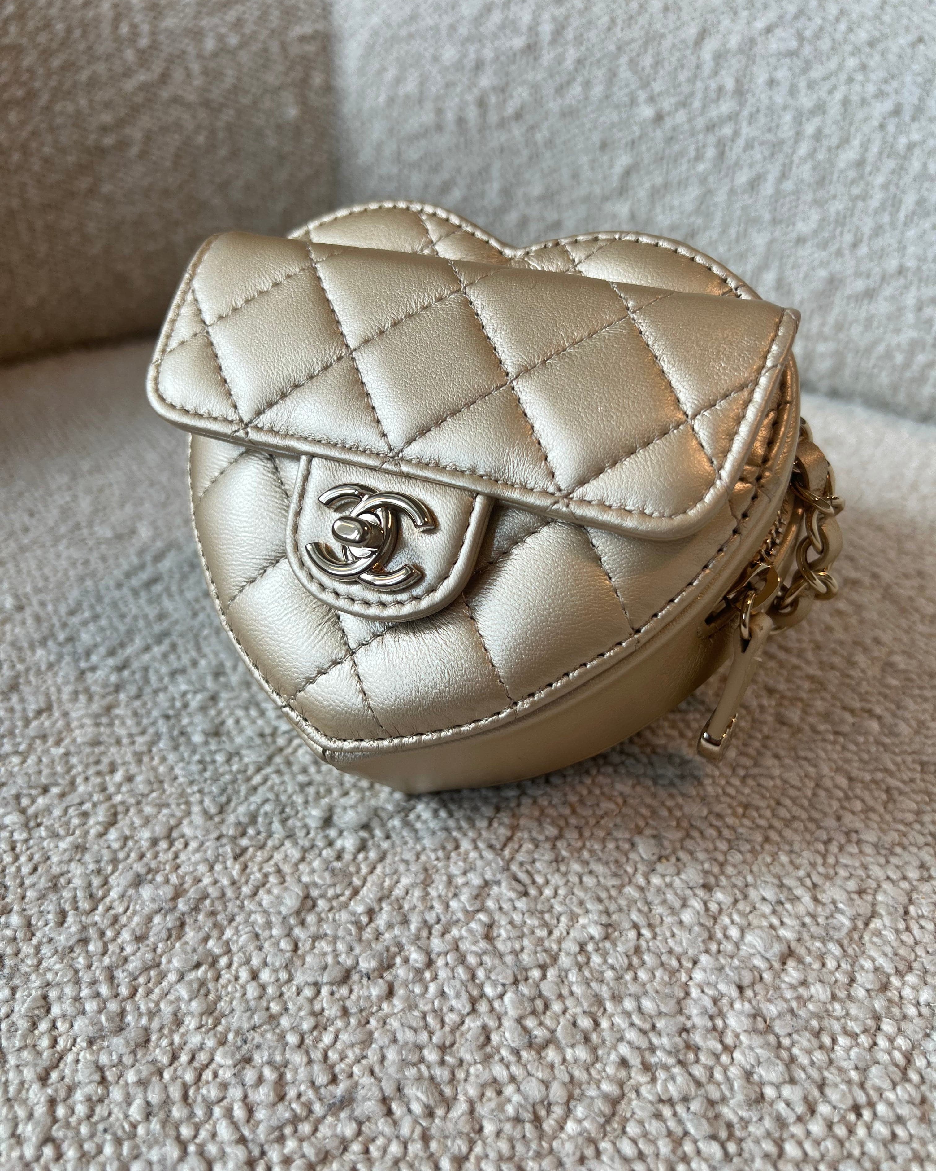 CHANEL Belt Bag 22S CC In Love Metallic Gold Lambskin Heart Zipped Belt Bag LGHW - Redeluxe