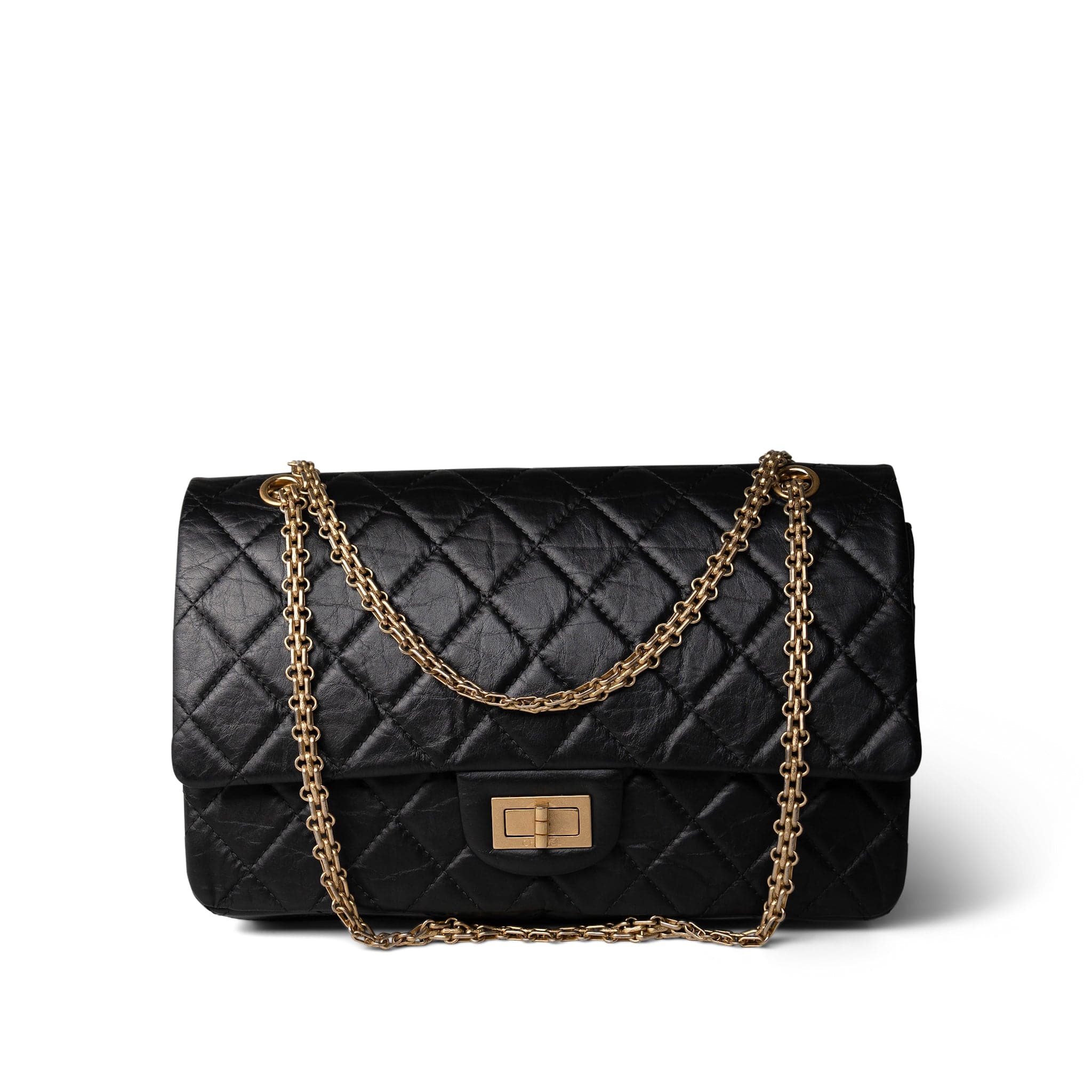 CHANEL Black Black Crumpled Calfskin Quilted Reissue 2.55 227 Aged Gold Hardware - Redeluxe