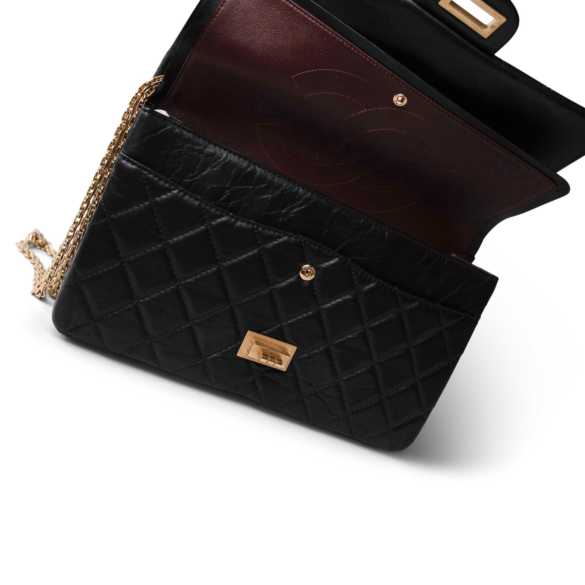 CHANEL Black Black Crumpled Calfskin Quilted Reissue 2.55 227 Aged Gold Hardware - Redeluxe