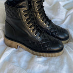 CHANEL Boots CHANEL 21B Calfskin Quilted Black Caviar Quilted CC Logo Combat Boots - Redeluxe