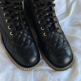 CHANEL Boots CHANEL 21B Calfskin Quilted Black Caviar Quilted CC Logo Combat Boots - Redeluxe