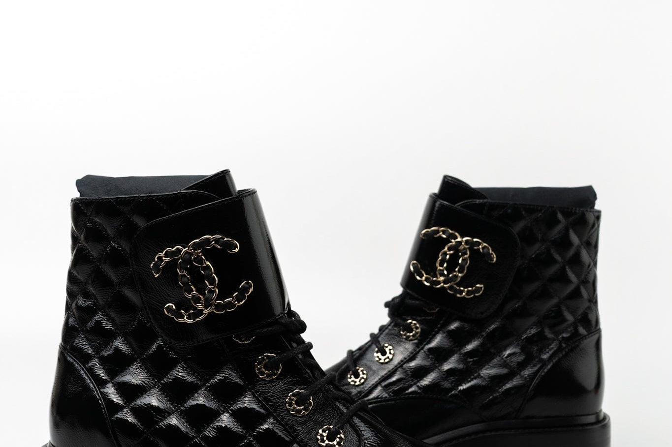 CHANEL Boots Shinny Calfskin Quilted Lace up Combat Boots - Redeluxe