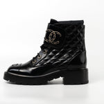 CHANEL Boots Shinny Calfskin Quilted Lace up Combat Boots - Redeluxe