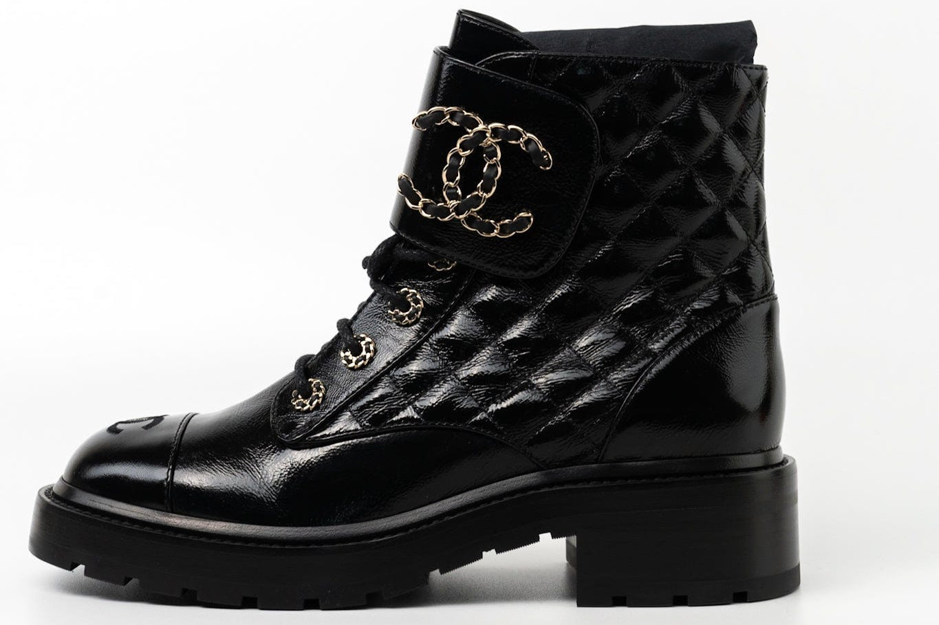 CHANEL Boots Shinny Calfskin Quilted Lace up Combat Boots - Redeluxe