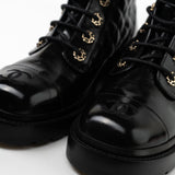 CHANEL Boots Shinny Calfskin Quilted Lace up Combat Boots - Redeluxe