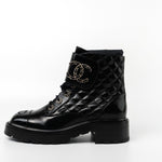 CHANEL Boots Shinny Calfskin Quilted Lace up Combat Boots - Redeluxe