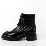 CHANEL Boots Shinny Calfskin Quilted Lace up Combat Boots - Redeluxe