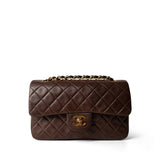 CHANEL Brown Small Brown Lambskin Quilted Classic Flap Gold Hardware - Redeluxe