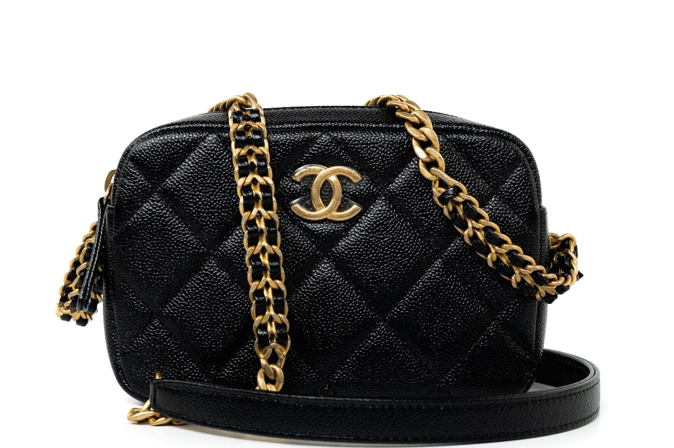 CHANEL Camera Case Black 22P Black Caviar Quilted Melody Chain Camera Bag Aged Gold Hardware - Redeluxe