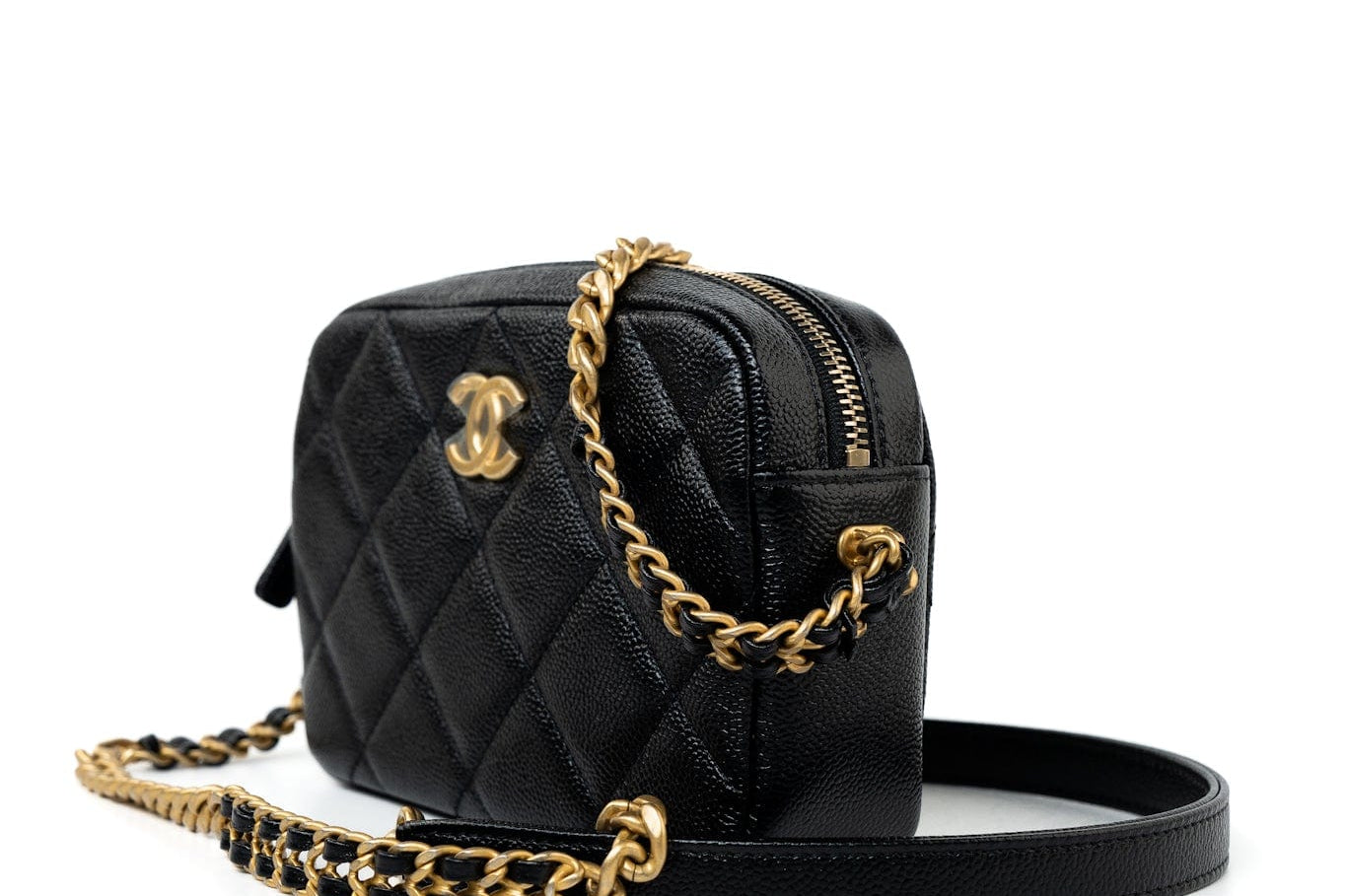 CHANEL Camera Case Black 22P Black Caviar Quilted Melody Chain Camera Bag Aged Gold Hardware - Redeluxe