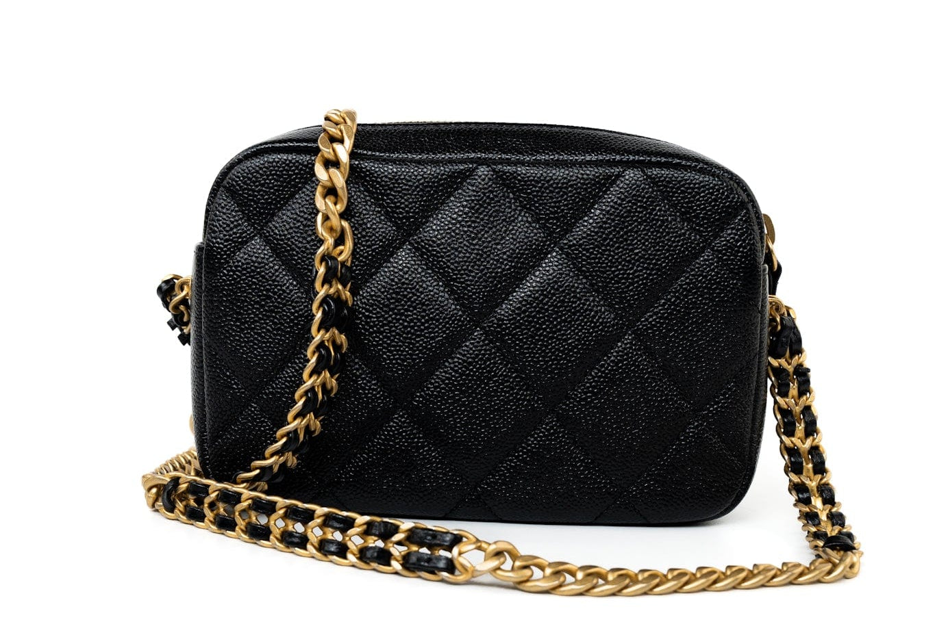 CHANEL Camera Case Black 22P Black Caviar Quilted Melody Chain Camera Bag Aged Gold Hardware - Redeluxe