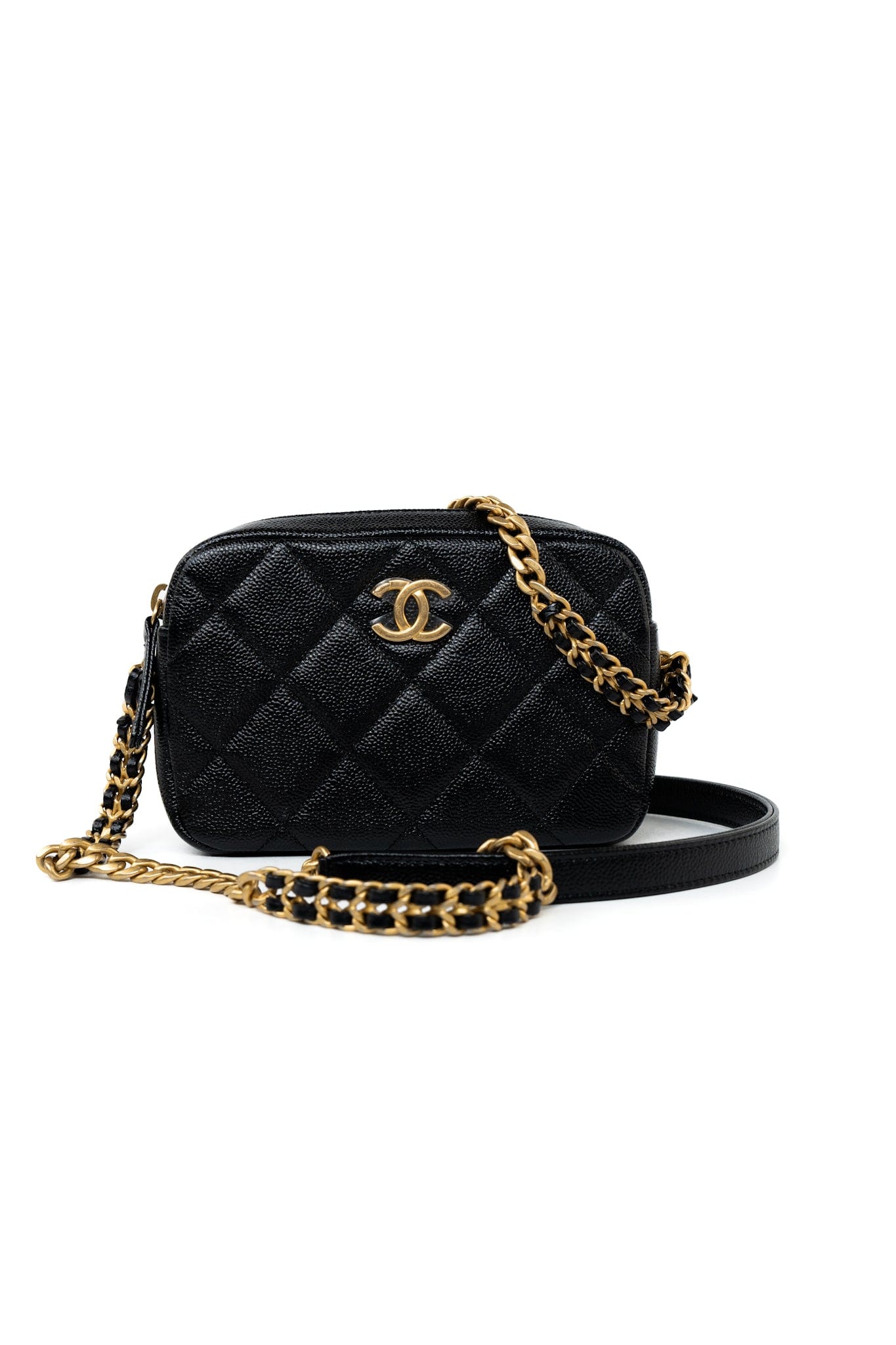 22P Black Caviar Quilted Melody Chain Camera Bag Aged Gold Hardware REDELUXE