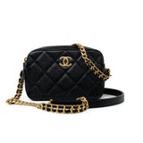 CHANEL Camera Case Black 22P Black Caviar Quilted Melody Chain Camera Bag Aged Gold Hardware - Redeluxe