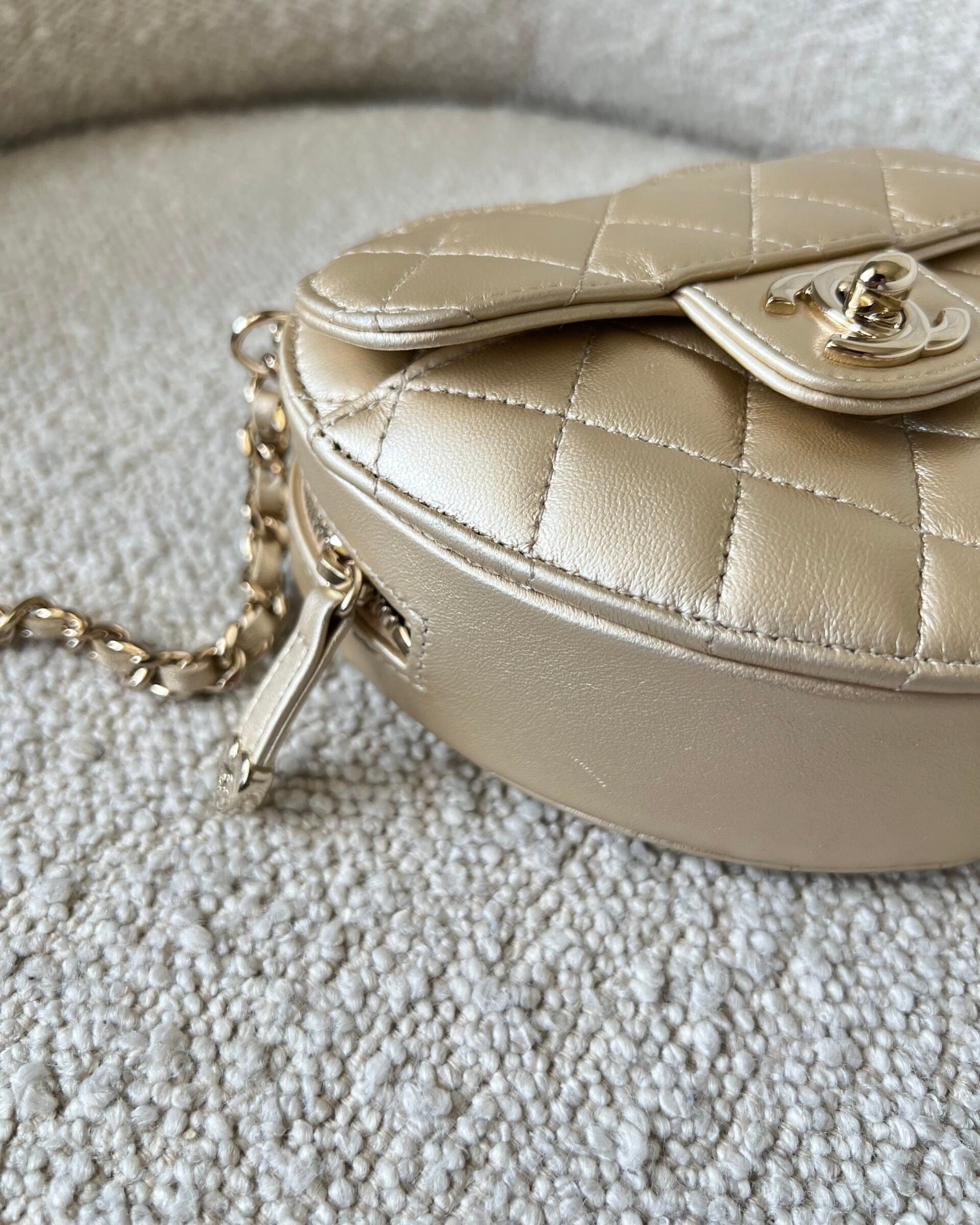 CHANEL Clutch 22S CC In Love Metallic Gold Lambskin Quilted Small (Clutch on Chain) Heart Bag LGHW - Redeluxe