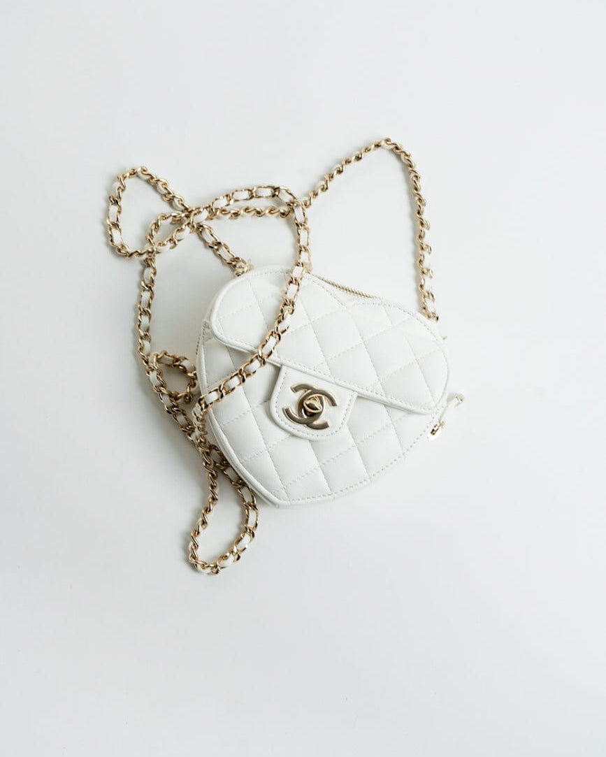 CHANEL Clutch 22S CC In Love White Lambskin Quilted Small (clutch with chain) Heart Bag LGHW - Redeluxe