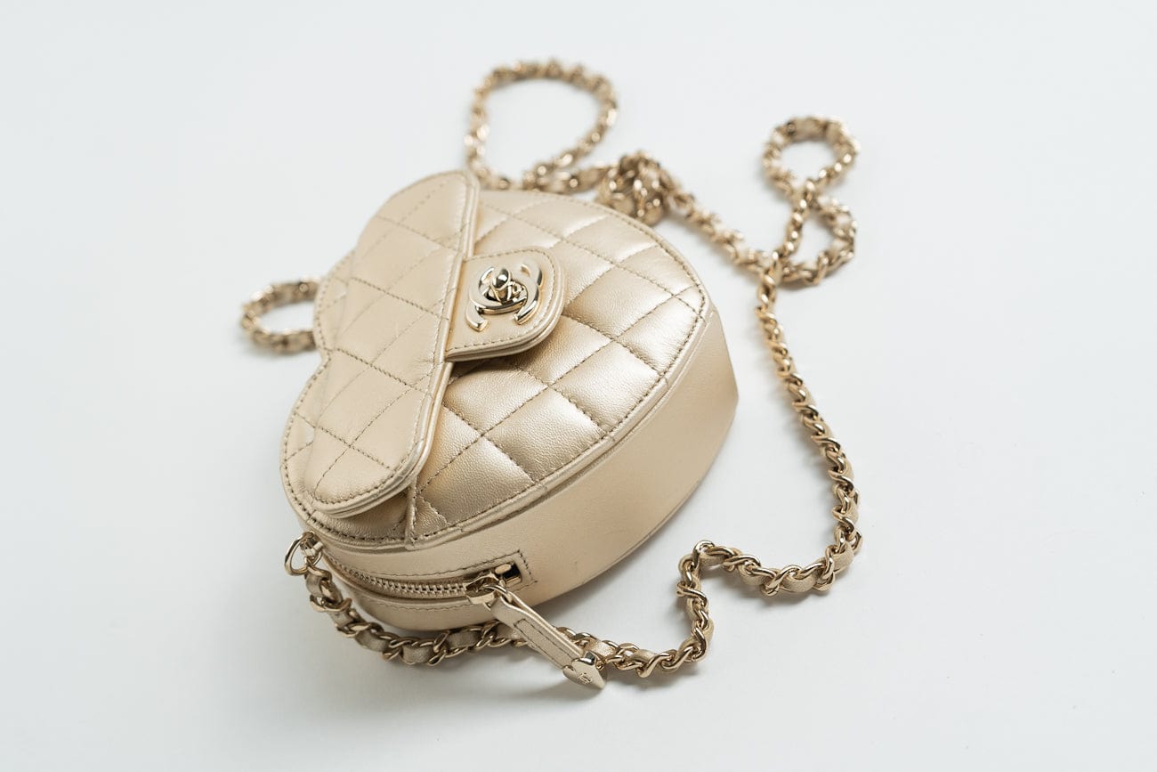 CHANEL Clutch Gold 22S CC In Love Metallic Gold Lambskin Quilted Small (Clutch on Chain) Heart Bag LGHW - Redeluxe