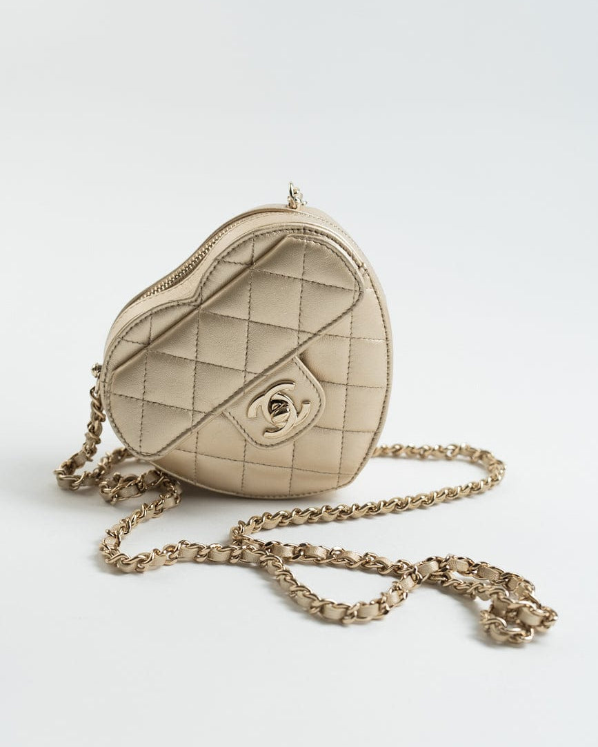 CHANEL Clutch Gold 22S CC In Love Metallic Gold Lambskin Quilted Small (Clutch on Chain) Heart Bag LGHW - Redeluxe