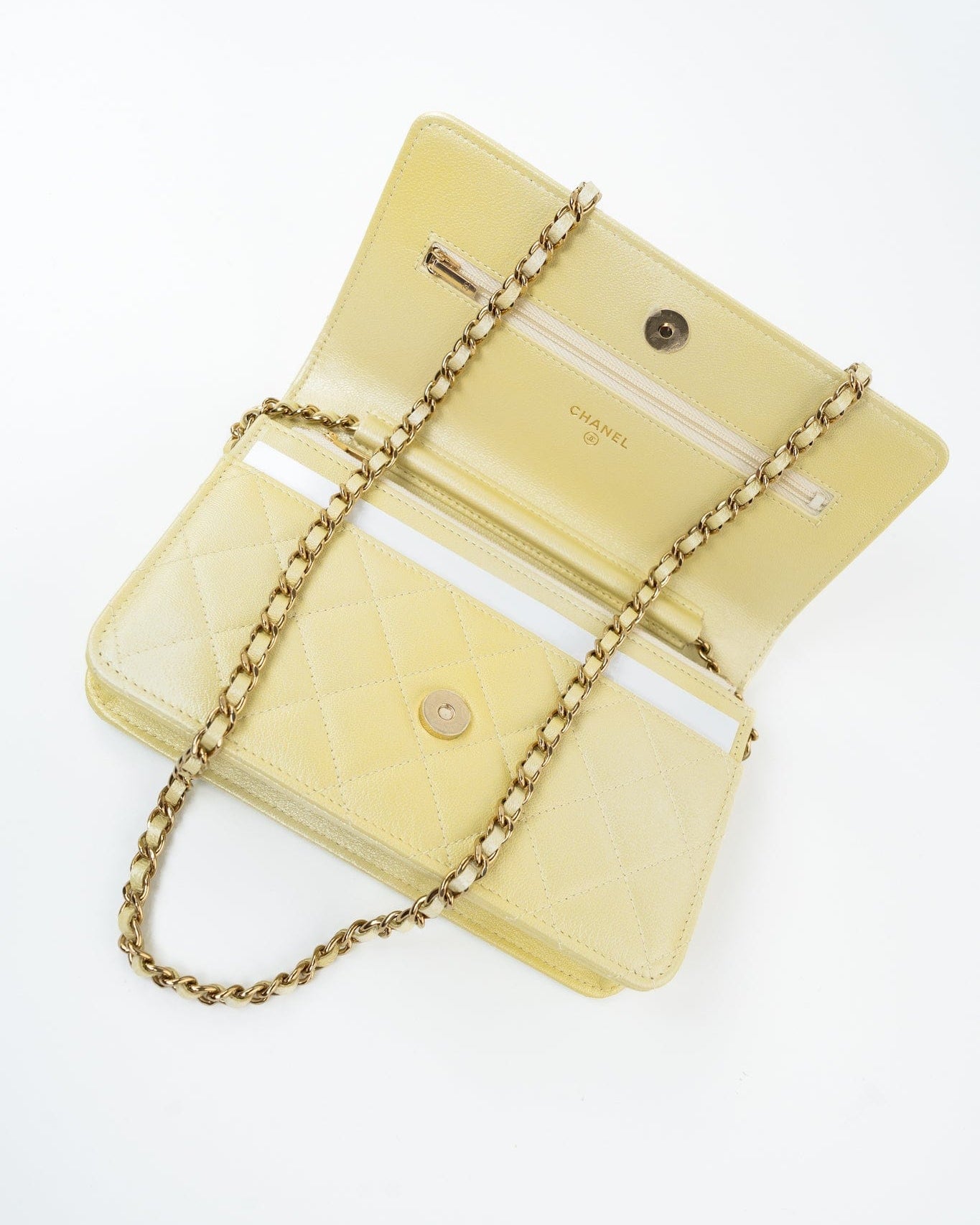 CHANEL Crossbody Yellow 23S Iridescent Yellow Lambskin Quilted Wallet On Chain (WOC) Light Gold Hardware - Redeluxe