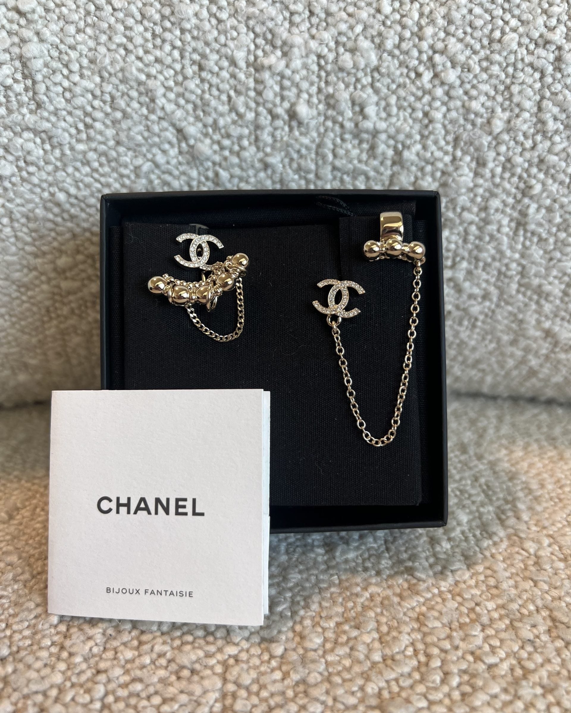 CHANEL Earrings 22C Metal Crystal CC Chain Cuff Gold Earrings - Redeluxe