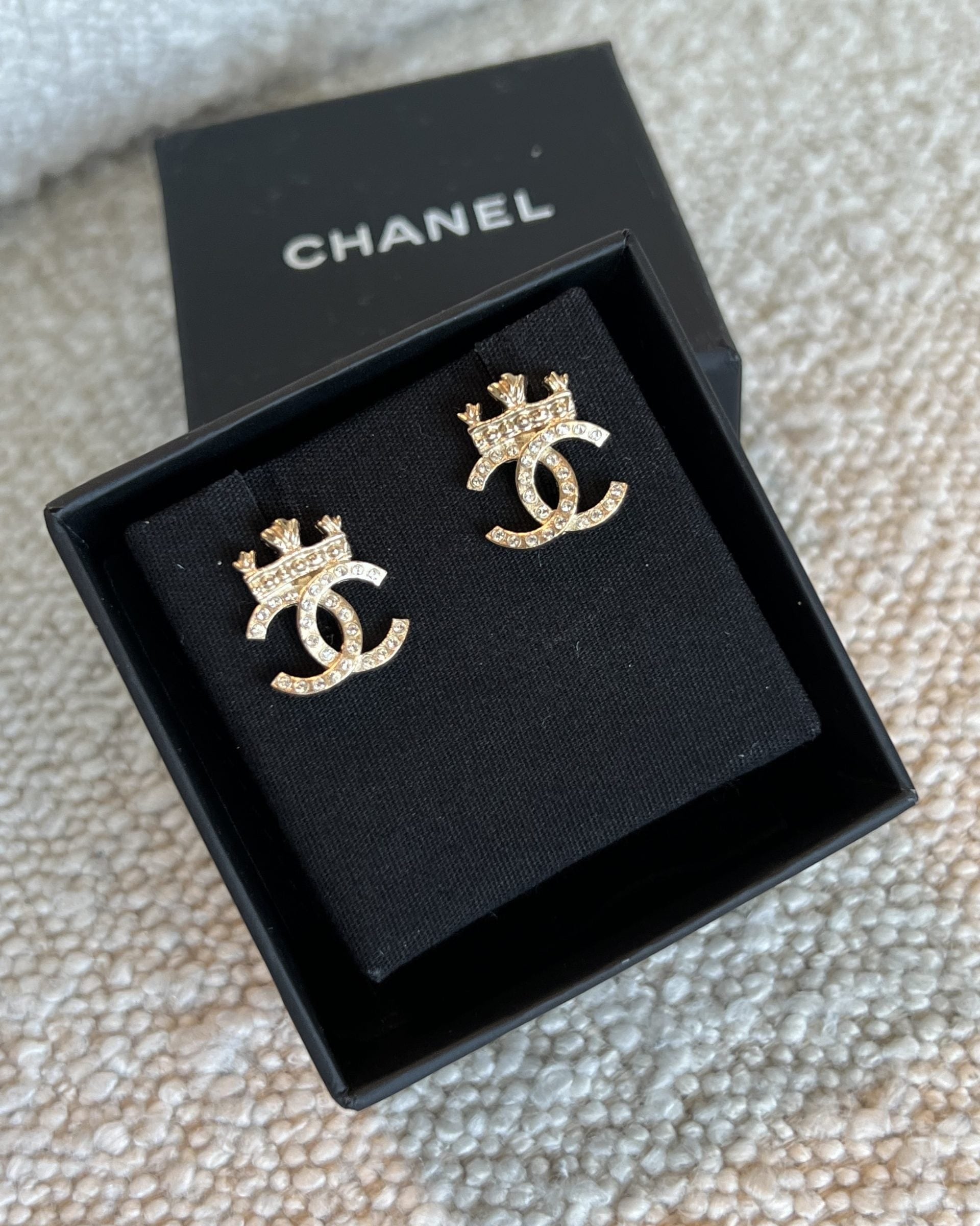 CHANEL Earrings Chanel Crystal CC Crown Gold Earrings - Redeluxe