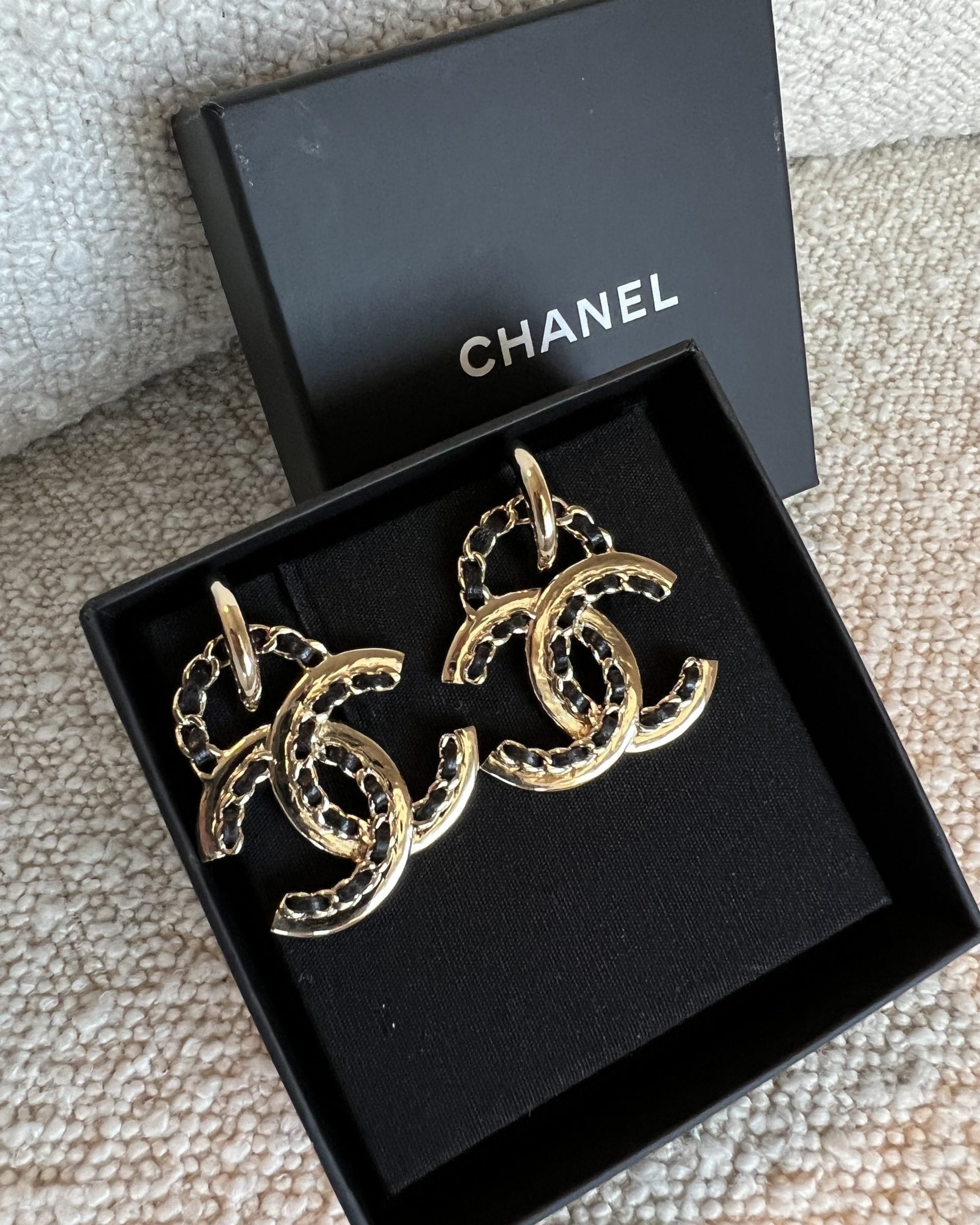 CHANEL Earrings Chanel Gold CC Hook Dangle Earrings - Redeluxe