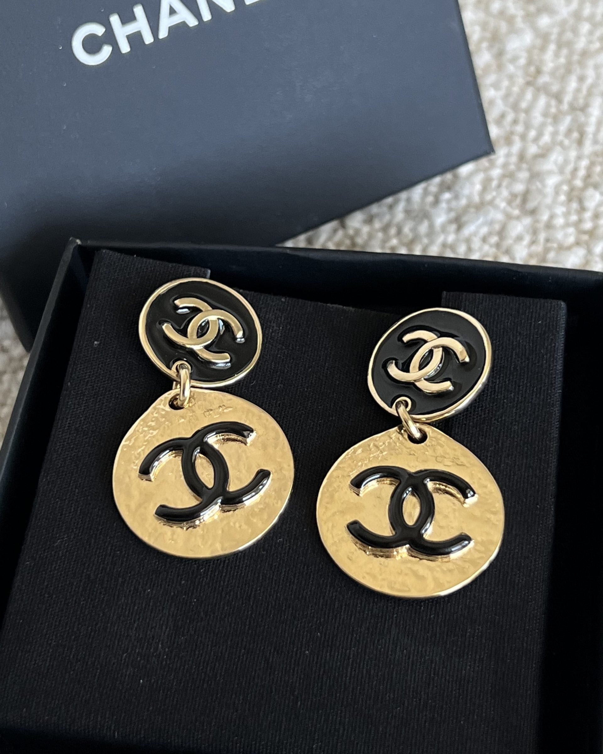 CHANEL Earrings Chanel Gold Tone Black CC Logo Round Earrings - Redeluxe