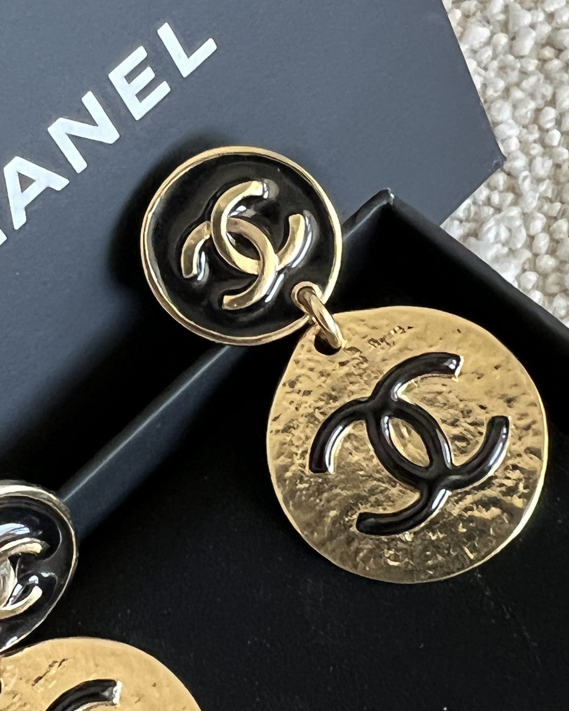 CHANEL Earrings Chanel Gold Tone Black CC Logo Round Earrings - Redeluxe