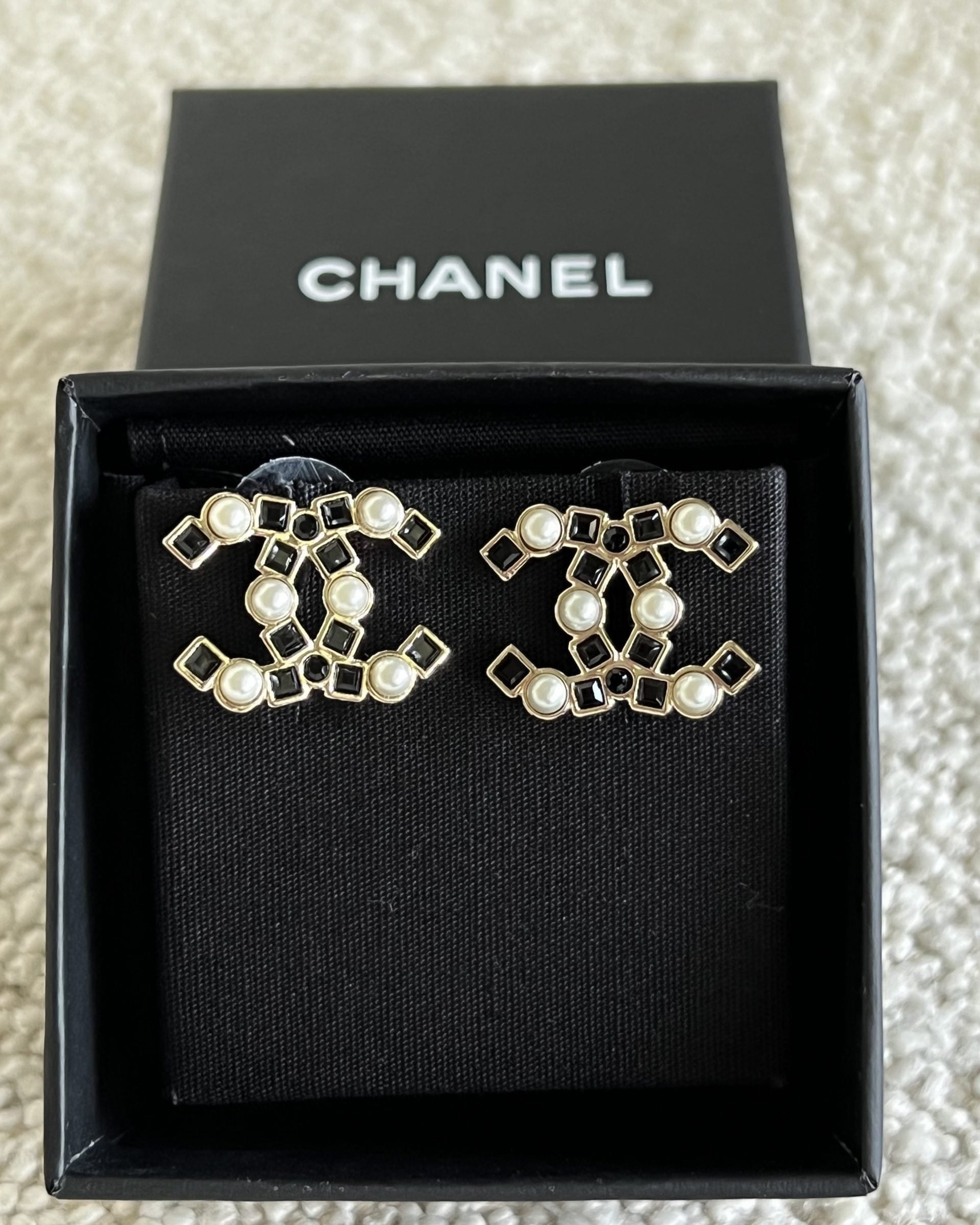 CHANEL Earrings Gold 22P Gold Black Crystal Pearl Earrings - Redeluxe