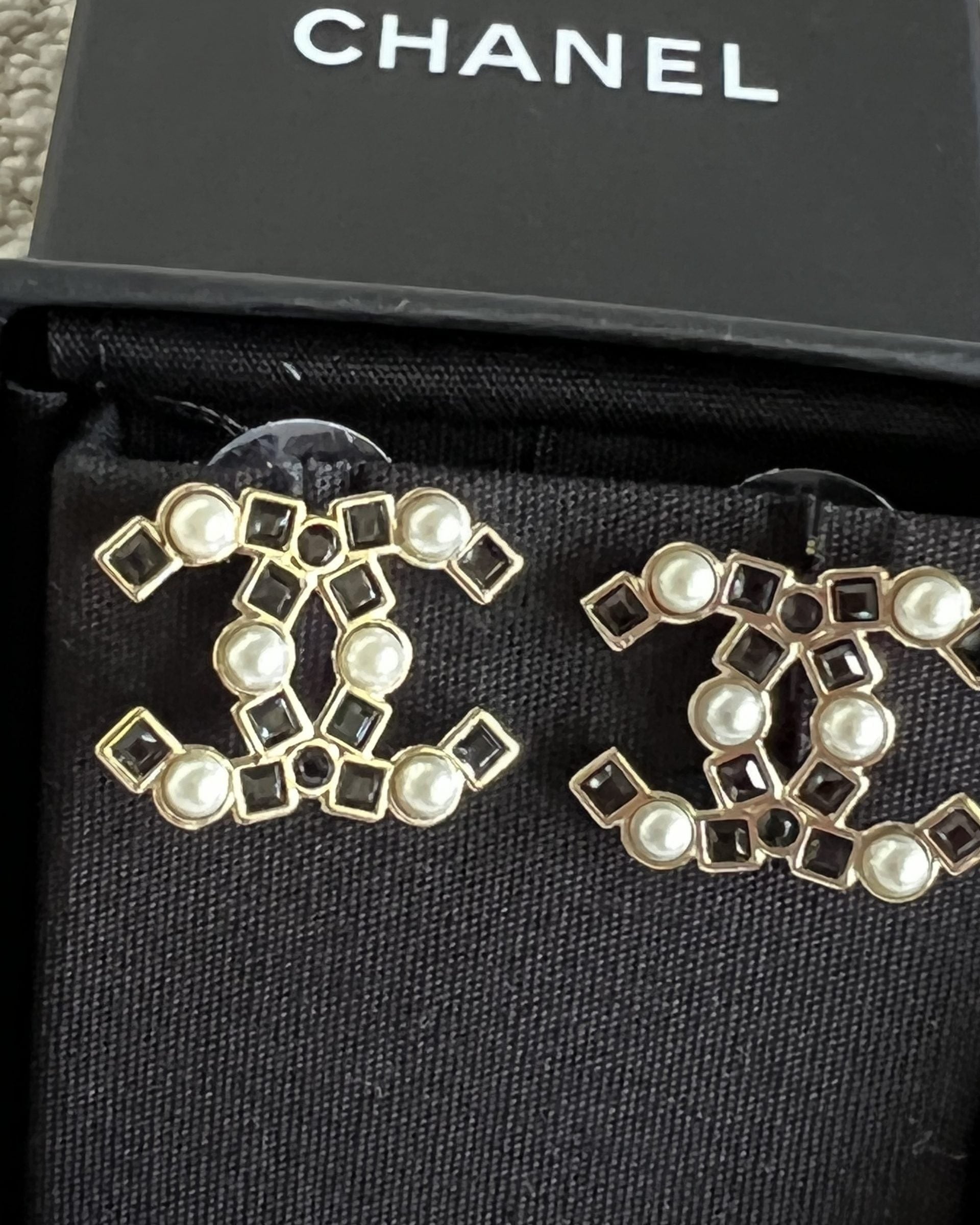 CHANEL Earrings Gold 22P Gold Black Crystal Pearl Earrings - Redeluxe