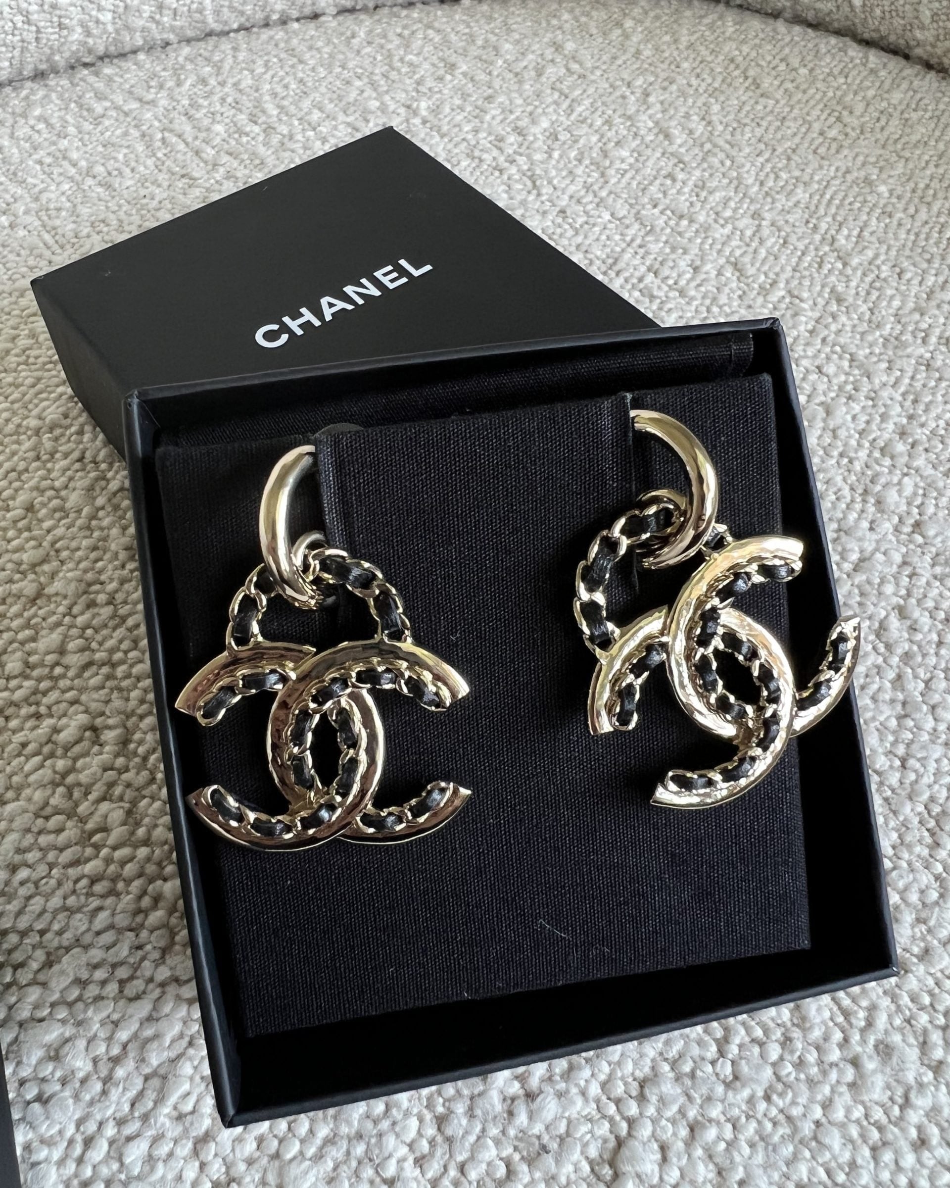 CHANEL Earrings Gold Chanel Woven Chain CC Drop Earring - Redeluxe