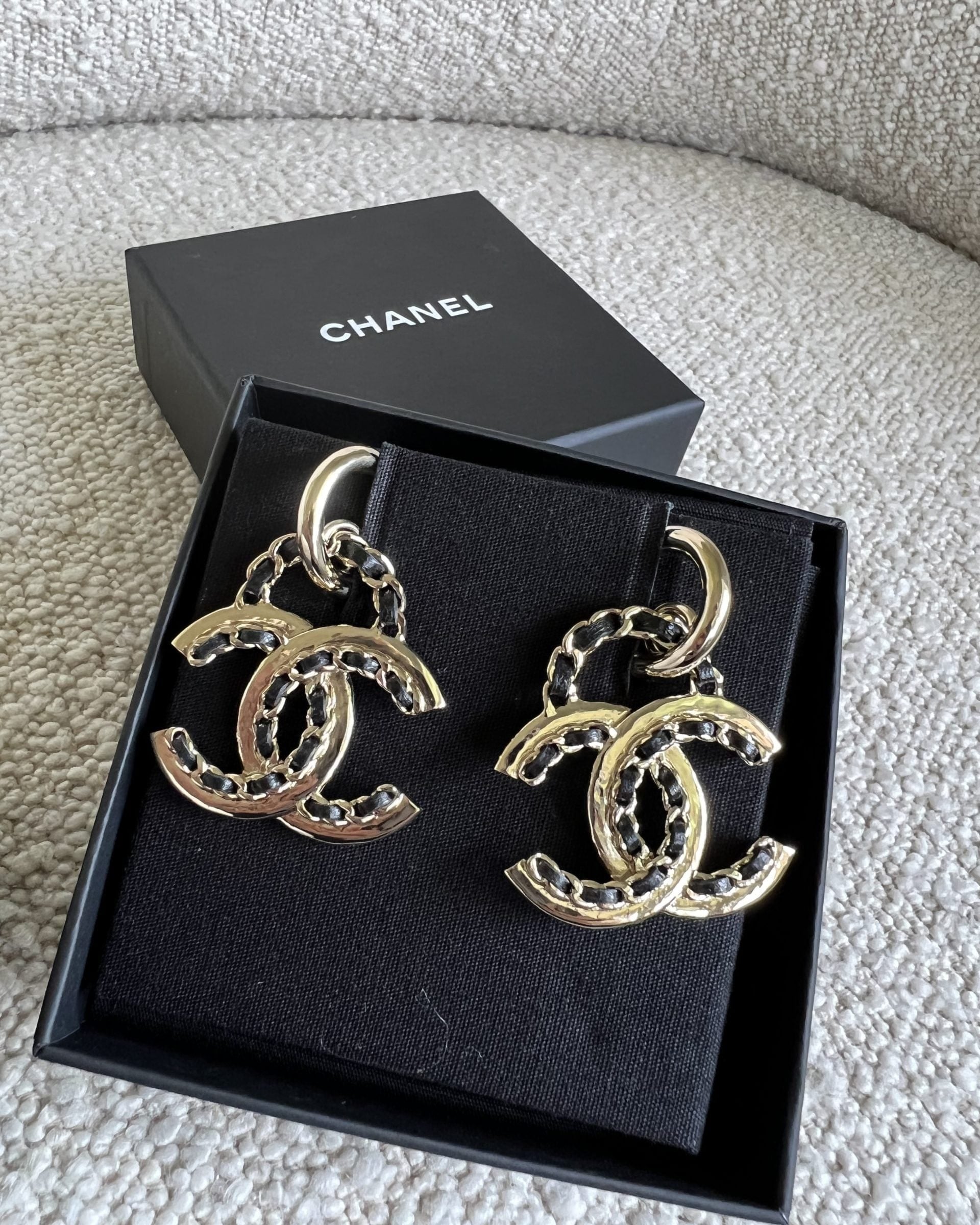 CHANEL Earrings Gold Chanel Woven Chain CC Drop Earring - Redeluxe