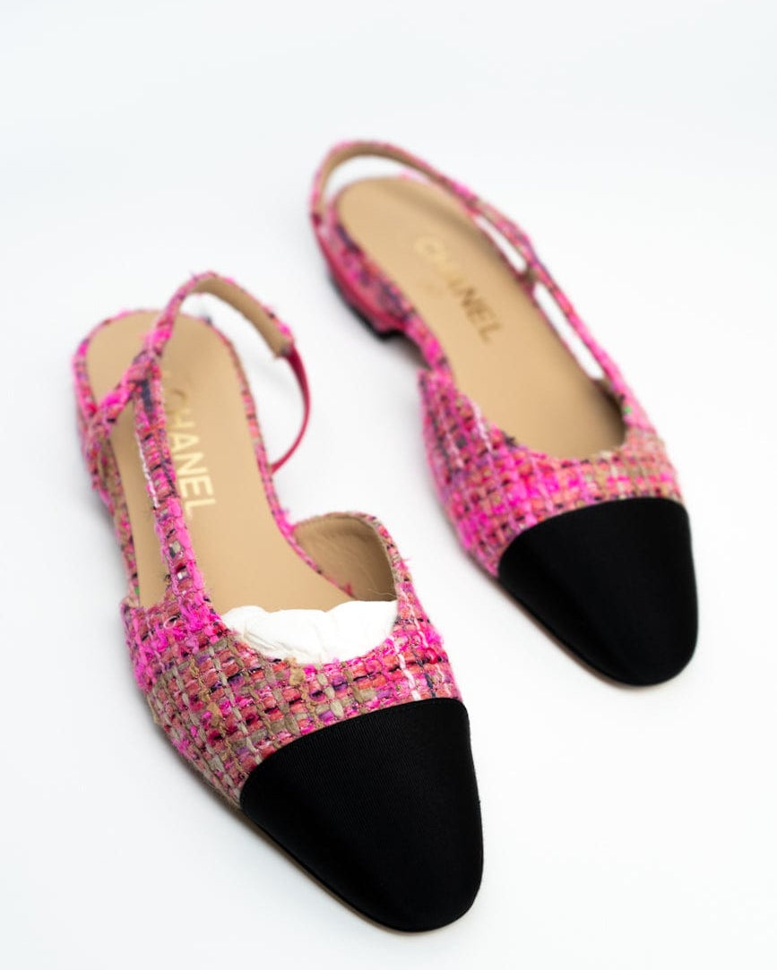 CHANEL Flats Chanel Tweed Slingbacks Size 36/5.5 Pink / Black - Redeluxe