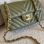 Chanel Handbag 17C Khaki Green Chevron Calfskin Mini Rectangular Flap Brushed GHW - Redeluxe