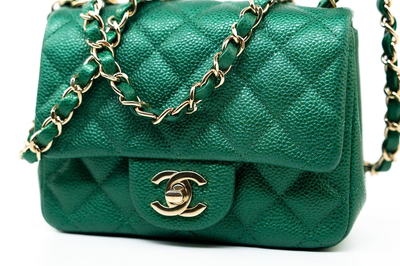 CHANEL Handbag 18S Emerald Green Caviar Quilted Mini Square Light Gold Hardware - Redeluxe