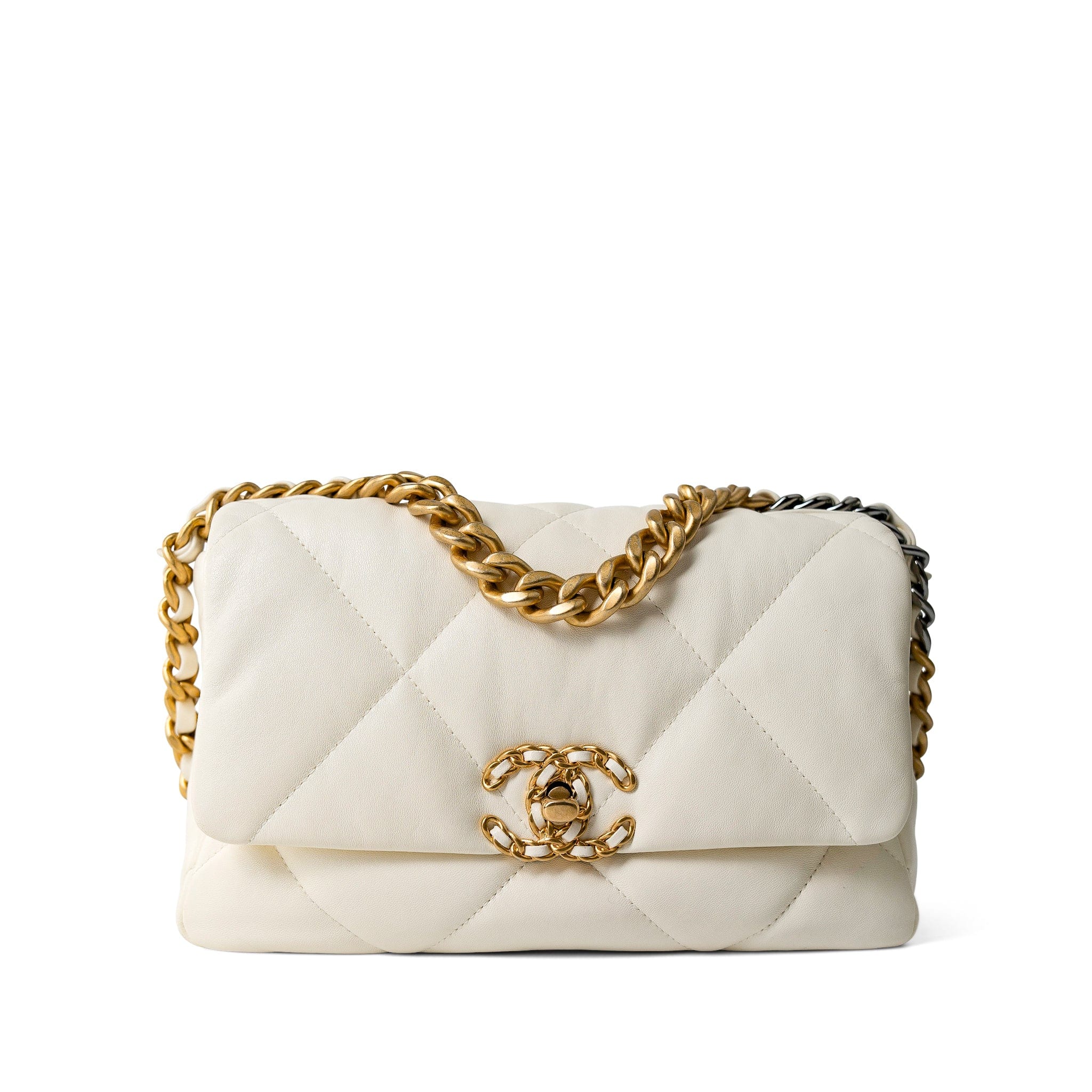 CHANEL Handbag 19 / White White Lambskin Quilted 19 Flap Small Mixed Hardware - Redeluxe