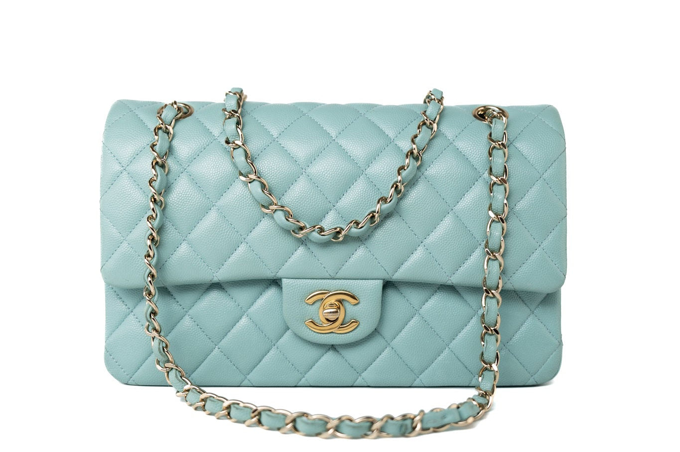 CHANEL Handbag 19c Tiffany Blue Caviar Quilted Classic Flap Light Gold Hardware - Redeluxe