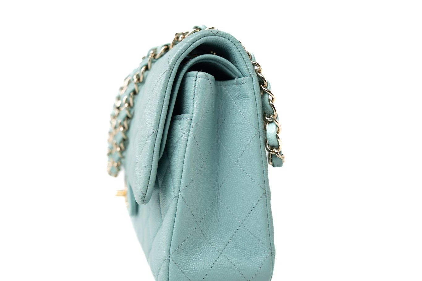 CHANEL Handbag 19c Tiffany Blue Caviar Quilted Classic Flap Light Gold Hardware - Redeluxe